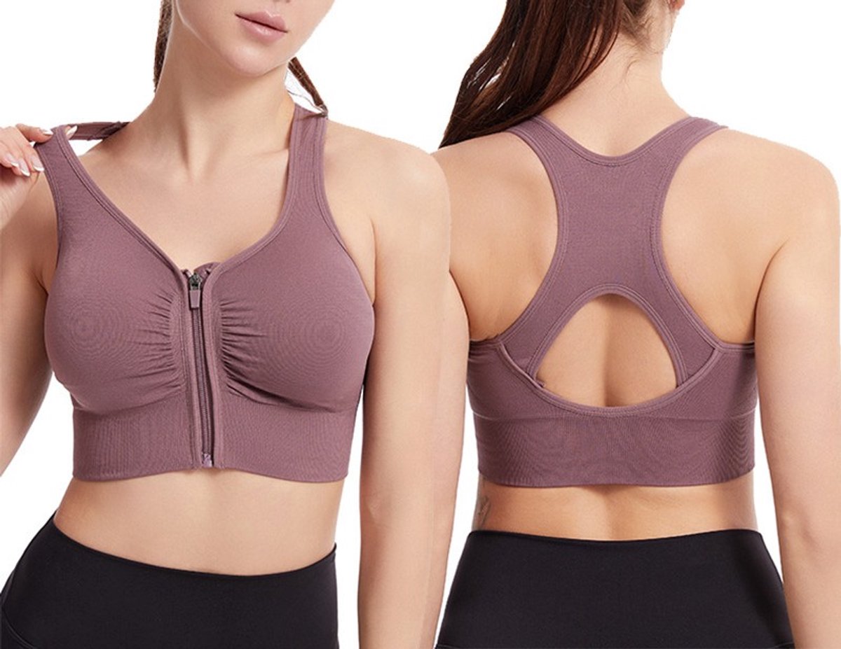 Sportbeha met voorsluiting - Maat XL - Sport BH met Rits - Fitness BH - Beha zonder beugel - Ondergoed dames - Sport kleding - Kledij – Bra – Paars - LOUZIR