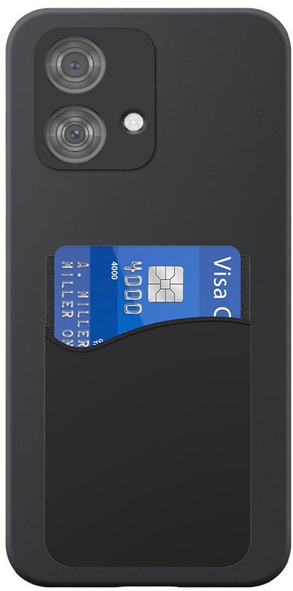 Zwart telefoonhoesje met een kaarthouder, waarin een Visa creditcard zichtbaar is. De telefoon is op de achtergrond te zien.