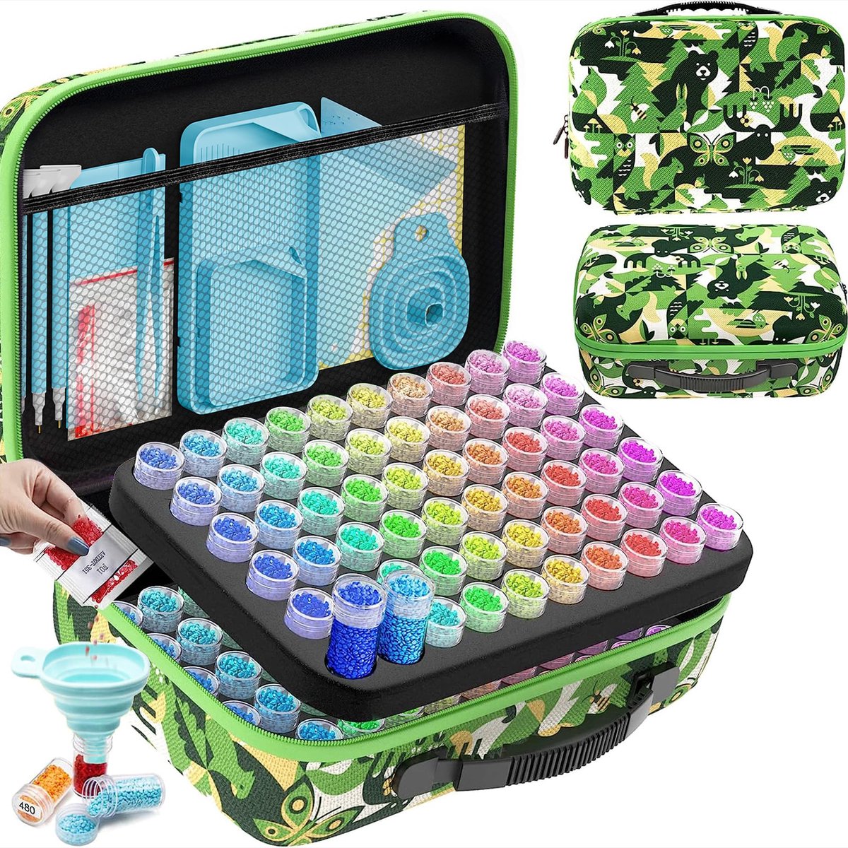 Diamond Painting Opbergset - Met 120 Opbergdoosjes, Koffer, Trechter en Stickers - Voor Diamond Painting Benodigdheden - Bos Thema