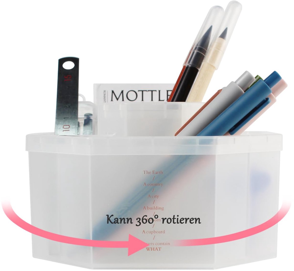 5-vaks Draaibare Bureau-organizer 360° - Met groot middenvak en 4 kleine vakken - Van PP-materiaal - Voor pennen, scharen en gummen - Transparant Wit