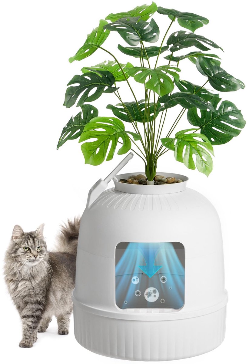 Kattenbak - Verborgen in Bloempot Design - Inclusief Plant en Schepje - Wit