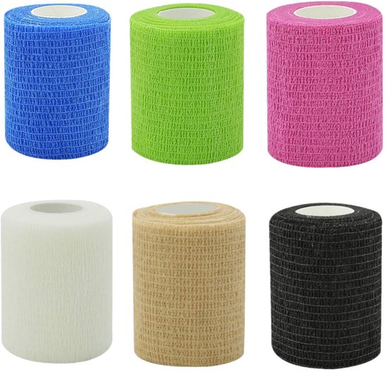 Zes rollen elastisch verband in verschillende kleuren: blauw, groen, roze, wit, beige en zwart.