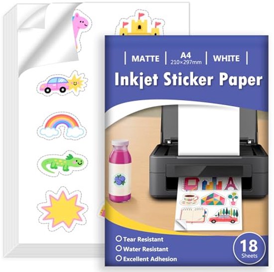 Papier autocollant A4 Witte mat imperméable pour imprimantes à jet d'encre - 18 feuilles - Séchage rapide