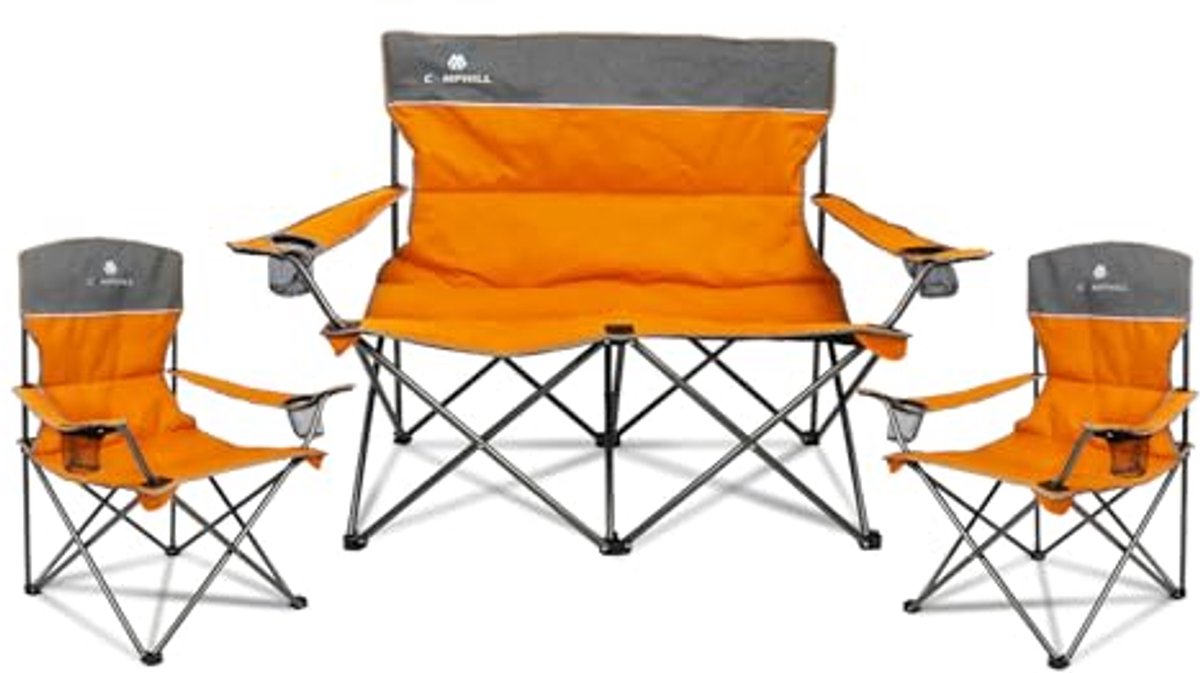 Set van 3 Opvouwbare Campingstoelen voor Zware Mensen met Bekerhouder en Draagtas - Inclusief Bankstoel en Twee Enkele Stoelen