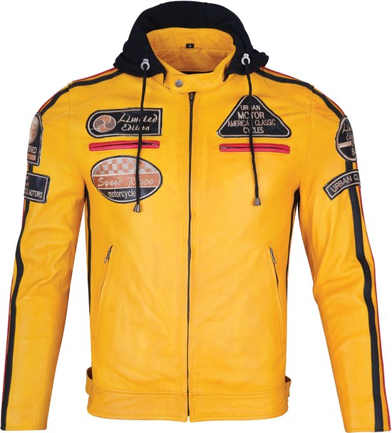 Urban 5884® - 66 - Veste homme - Veste motard - Veste en cuir d'agneau - Capuche amovible - Jaune - Taille 4XL