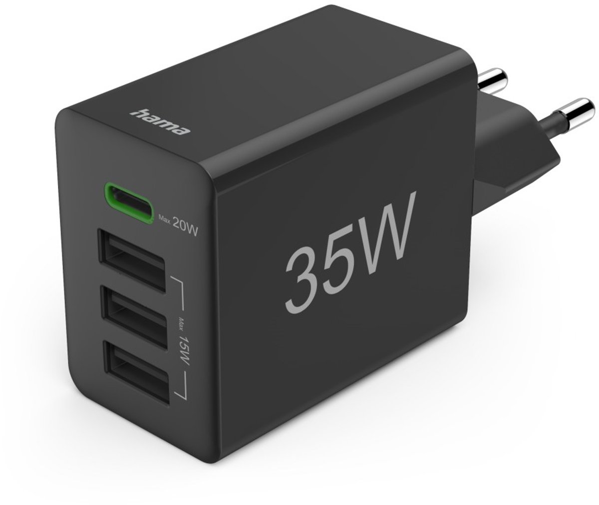 Hama 35W Snellader - 1x USB-C PD, 3x USB-A QC - mini - Zwart