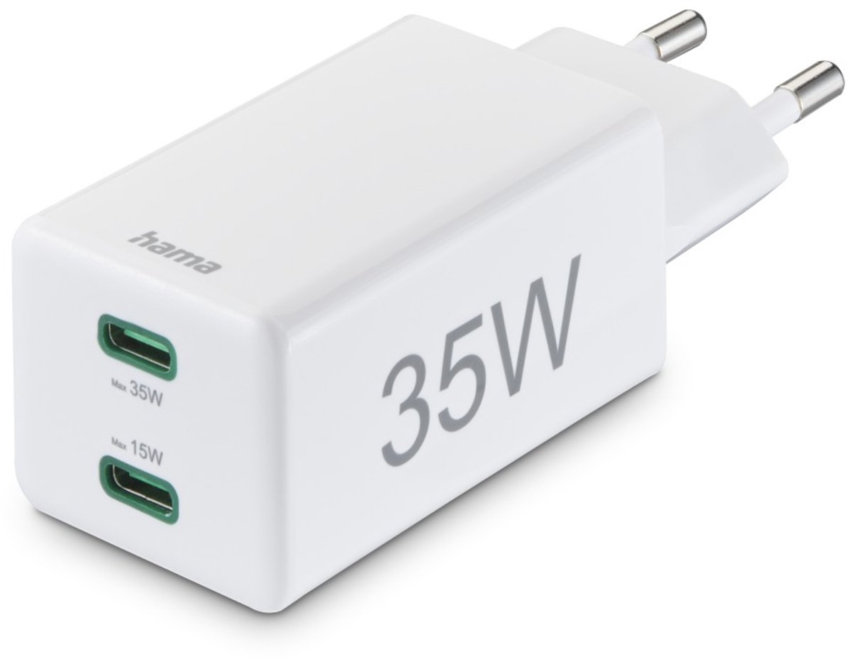 Hama Snellader, 2x USB-C, PD/Qualcomm®, mini-oplader, 35 W, wit