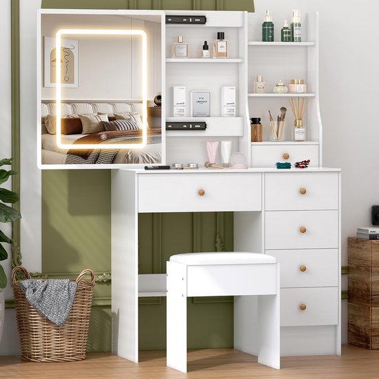 Kaptafel set met kruk Dekos Wit 75 cm met LED-spiegel, QI-lader en krukje Vicco | Wit | met LED