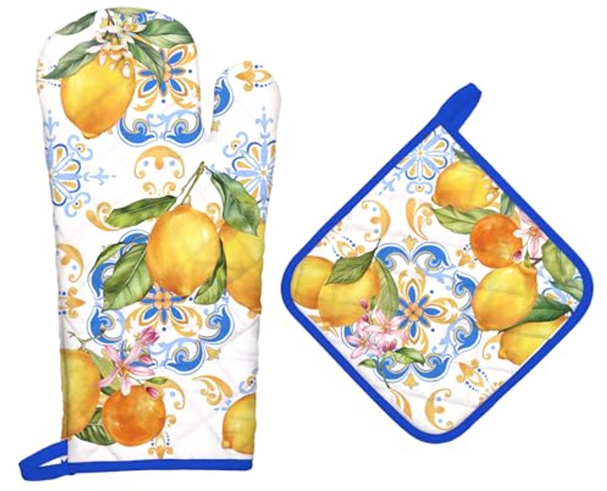 Zomer Citroen Ovenwanten en Pannenlappen Set - Hittebestendig, 100% Katoen, Extra Lange Oven Handschoenen voor Keuken en Bakken