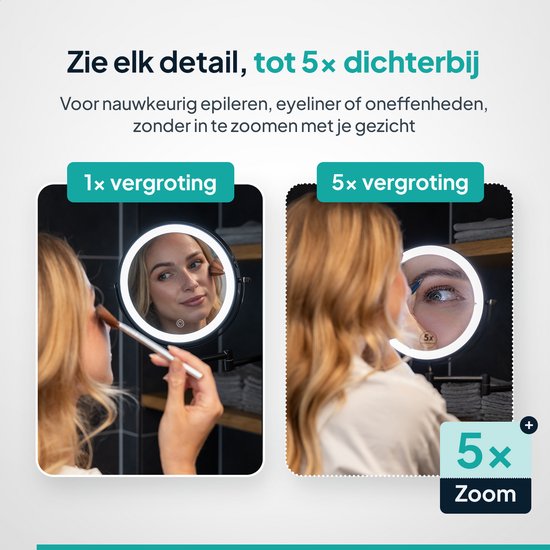 Vrouw brengt make-up aan in een spiegel met 1x vergroting en een close-up van haar oog met 5x vergroting.