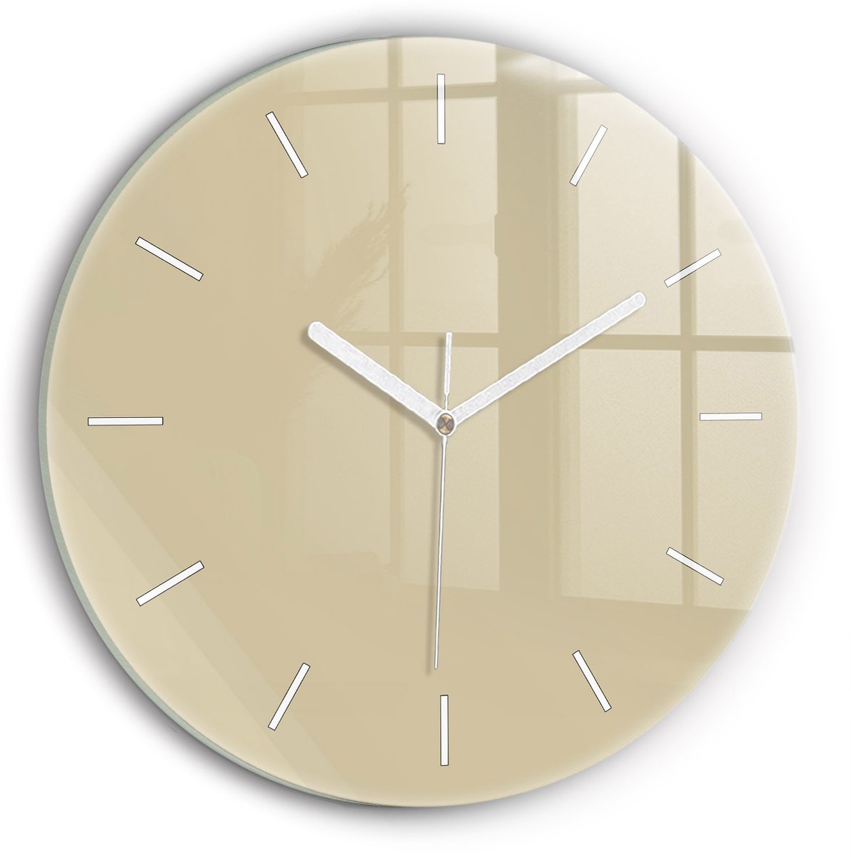 Wallfluent Wandklok - Beige Ronde Glas Klok - 30 cm x 30 cm - Beige Wandklok - Witte Handen - Wandklok Zonder Cijfers - Wandklok voor in de Keuken - Ronde Glazen Klok - Minimalistisch Wandklok - Ronde Glazen Wandklok