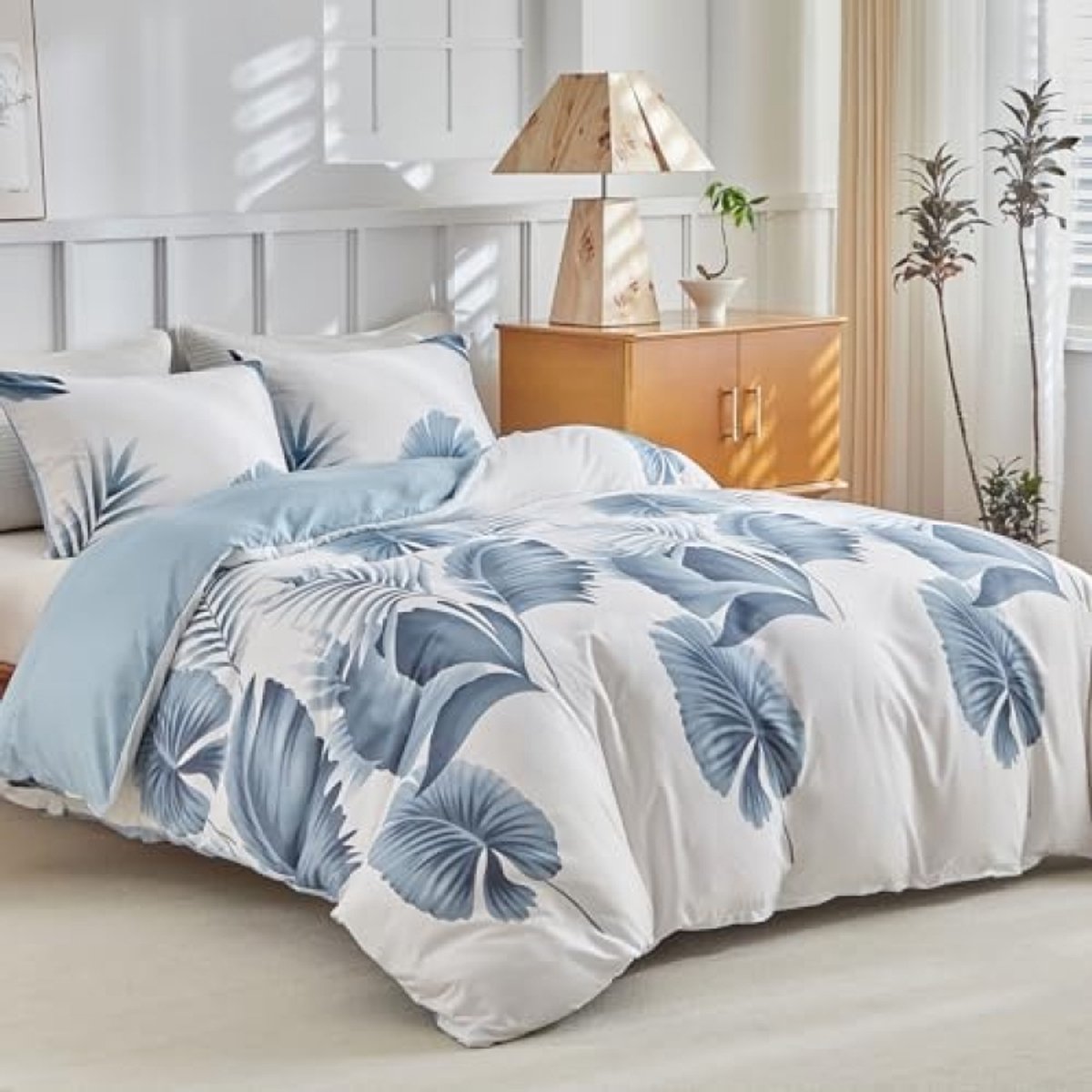 Dekbedovertrek 240x260 cm met 2 kussenslopen 65x65 cm - Aquarel Palmbladmotief Beddengoedset - Microvezel Materiaal met Ritsen en Hoekbanden, Blauw