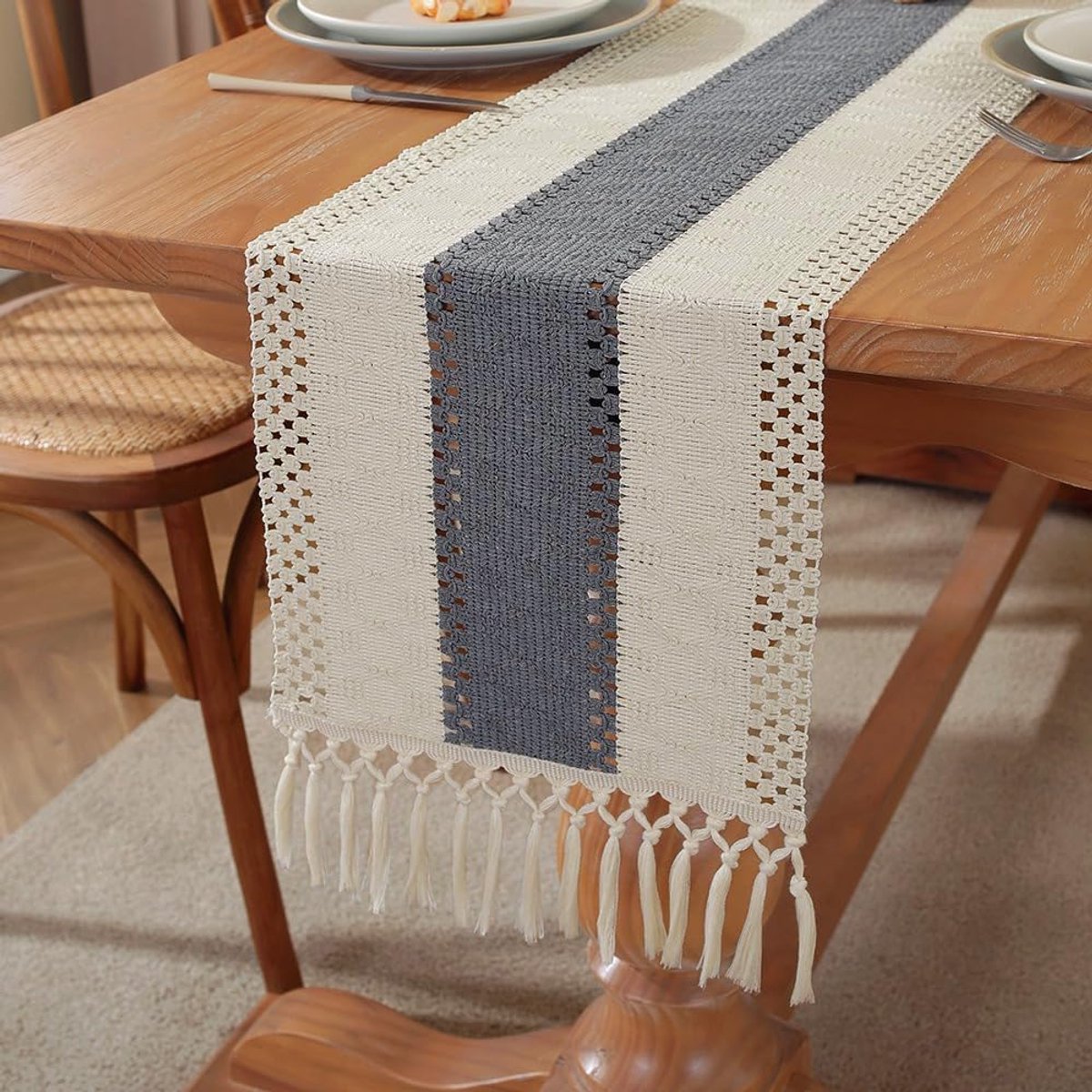 Tafelloper 30 x 275 cm - Katoenen Linnen met Kwastjes - Middengrijs Boho-Stijl