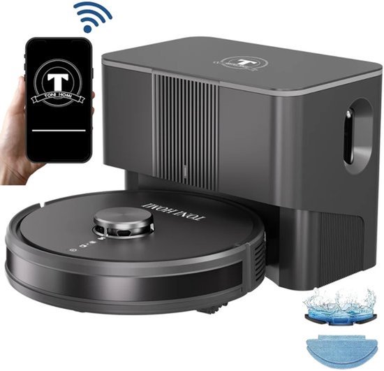TONIHOMI® Q8- Robotstofzuiger met dweilfunctie - Automatisch legen - Robotstofzuiger met laadstation - LDS Laser navigatie - Met app - Zwart