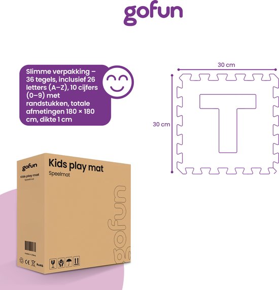 Gofun speelmat verpakking, een enkele foamtegel met de letter T, en afmetingen.