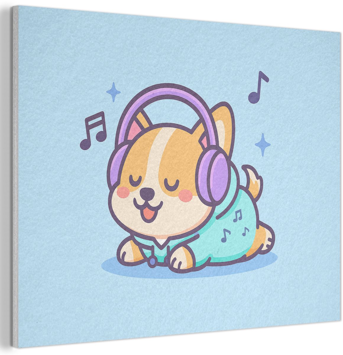Akoestisch wandpaneel 40x30 cm - Vilt schilderij Corgi - Koptelefoon - Blauw - Muzieknoten - Akoestische panelen - Geluidsdempende wanddecoratie - Geluidsisolatie woonkamer - Muurdecoratie geluidspanelen