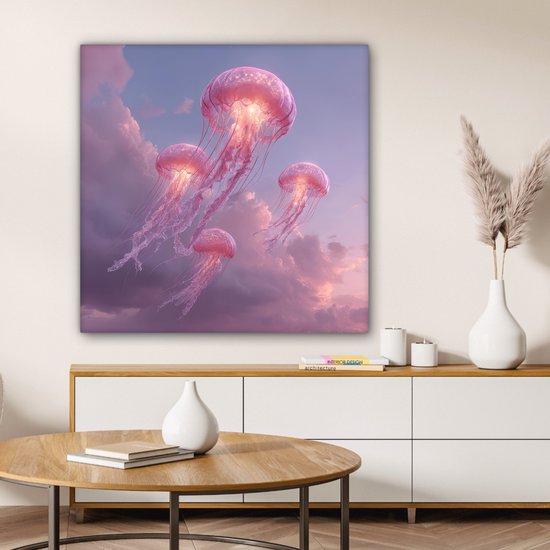 Canvas schilderij 90x90 cm - Wanddecoratie Kwallen - Roze - Wolken - Muurdecoratie woonkamer - Slaapkamer decoratie - Kamer accessoires - Schilderijen op canvas