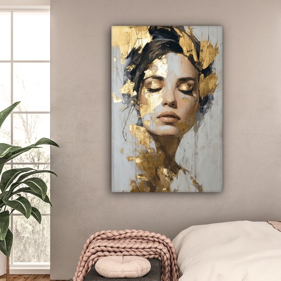 Peinture sur toile 80x120 cm - Décoration murale Gracieuse - Femme - Or - Yeux - Décoration murale salon - Décoration chambre - Accessoires chambre - Peintures sur toile