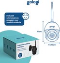 Zwarte Gologi outdoor camera in verpakking. Afmetingen: 11 x 15 cm.