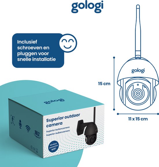 Zwarte Gologi outdoor camera in verpakking. Afmetingen: 11 x 15 cm.