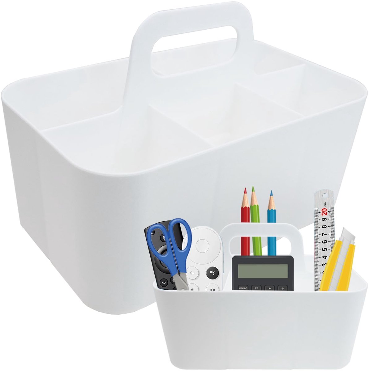 Kunststof Opbergmand met Handgreep – 5 Vakindeling, Stapelbaar & Duurzaam – Bureau, Kantoor en Hobby Organizer – Wit, 25x15,5x11 cm