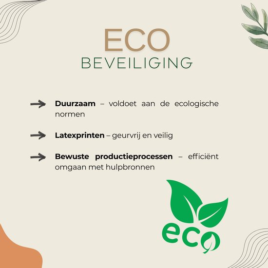 Feuilles vertes avec le texte "Sécurité écologique" et des flèches avec "Durable", "Impression latex" et "Processus de production conscients".