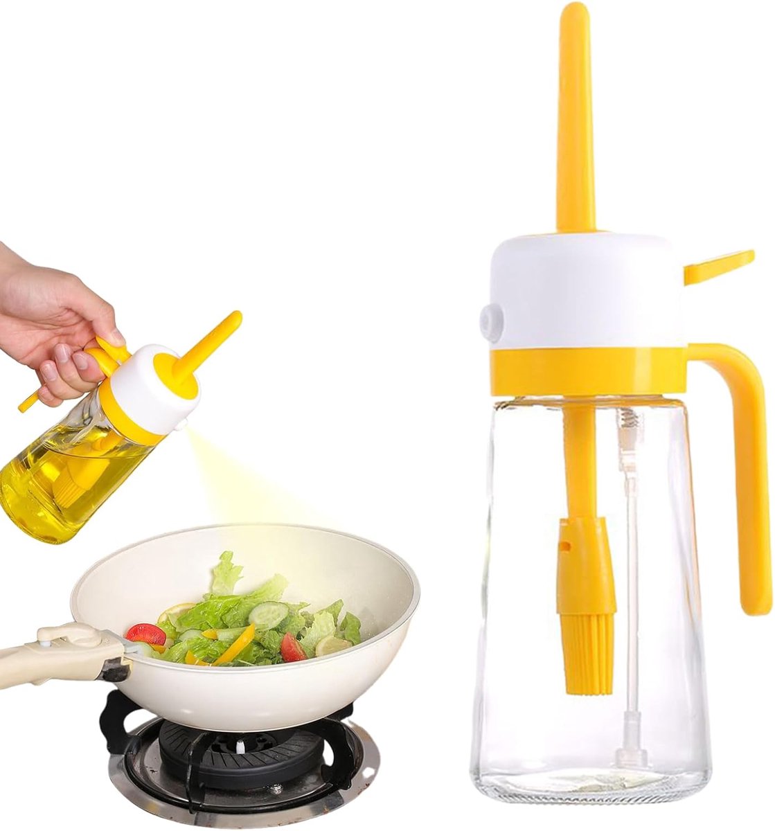 Luxueuze Keukenaccessoires | Spuit-en-borstel-oliepot – 470ML – 1pcs – Geel- Tweefunctie- Glas-25.5*8cm