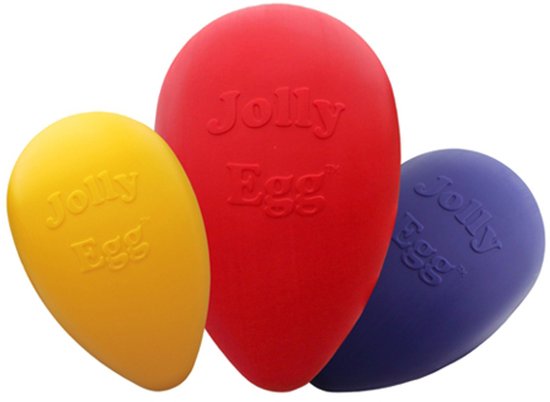 Gele, rode en paarse Jolly Egg speelgoedballen.