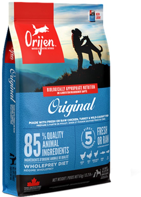 Orijen Original hondenvoer zak van 6 kg met afbeelding van man en hond op een bergtop.
