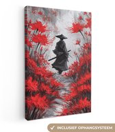 Canvas schilderij 80x120 cm - Wanddecoratie Rode bloemen - mistig - Man - Muurdecoratie woonkamer - Slaapkamer decoratie - Kamer accessoires - Schilderijen op canvas