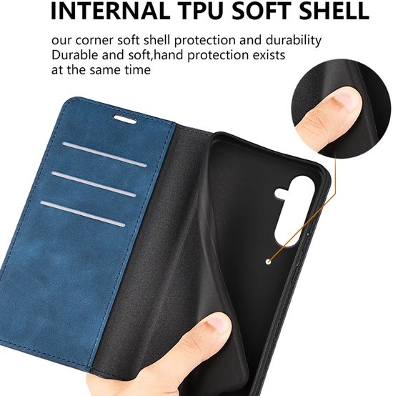 Blauw portemonnee hoesje, opengeklapt, met drie kaartsleuven en een uitneembare TPU-binnenkant.