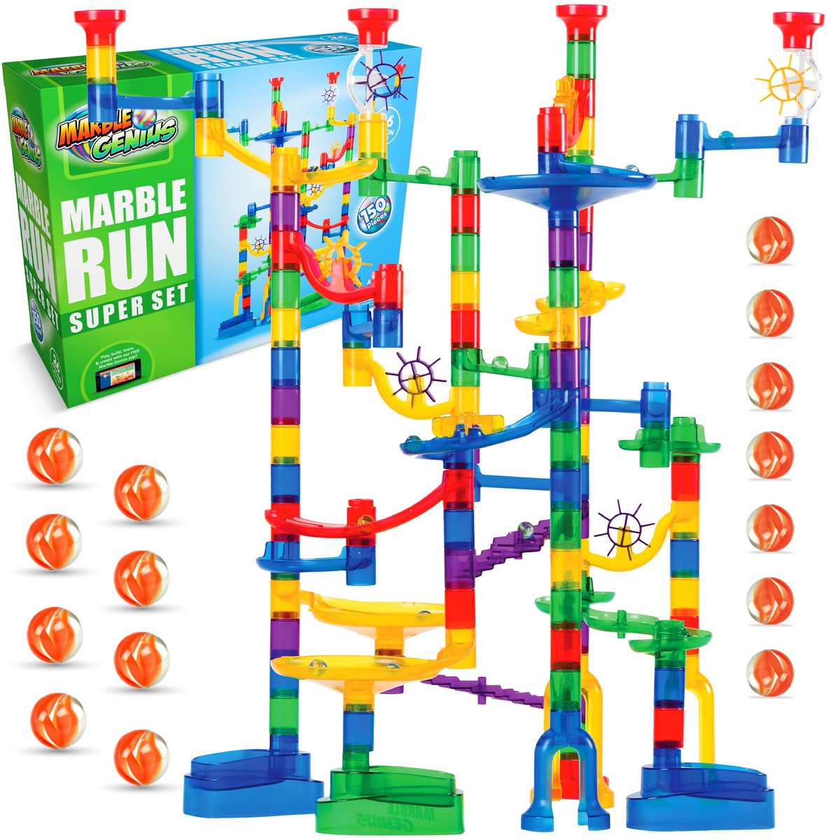 Marble Run 150-delige set - Doolhofbaan en racespel - Transparante en glazen knikkers voor kinderen en volwassenen