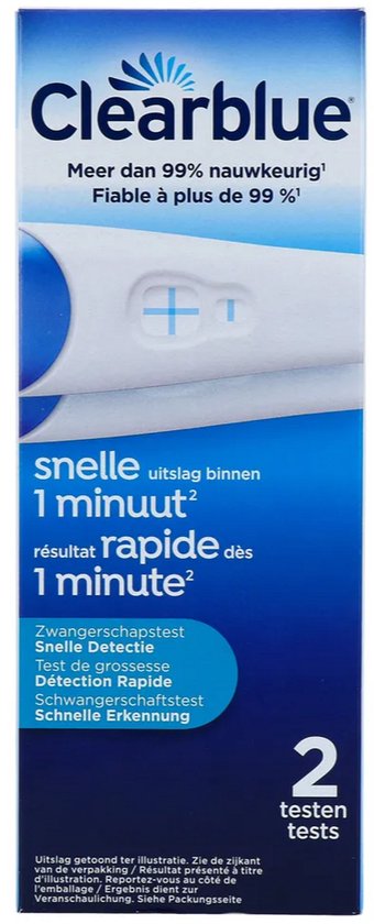Doos met 2 Clearblue zwangerschapstesten. Resultaat snel binnen 1 minuut.