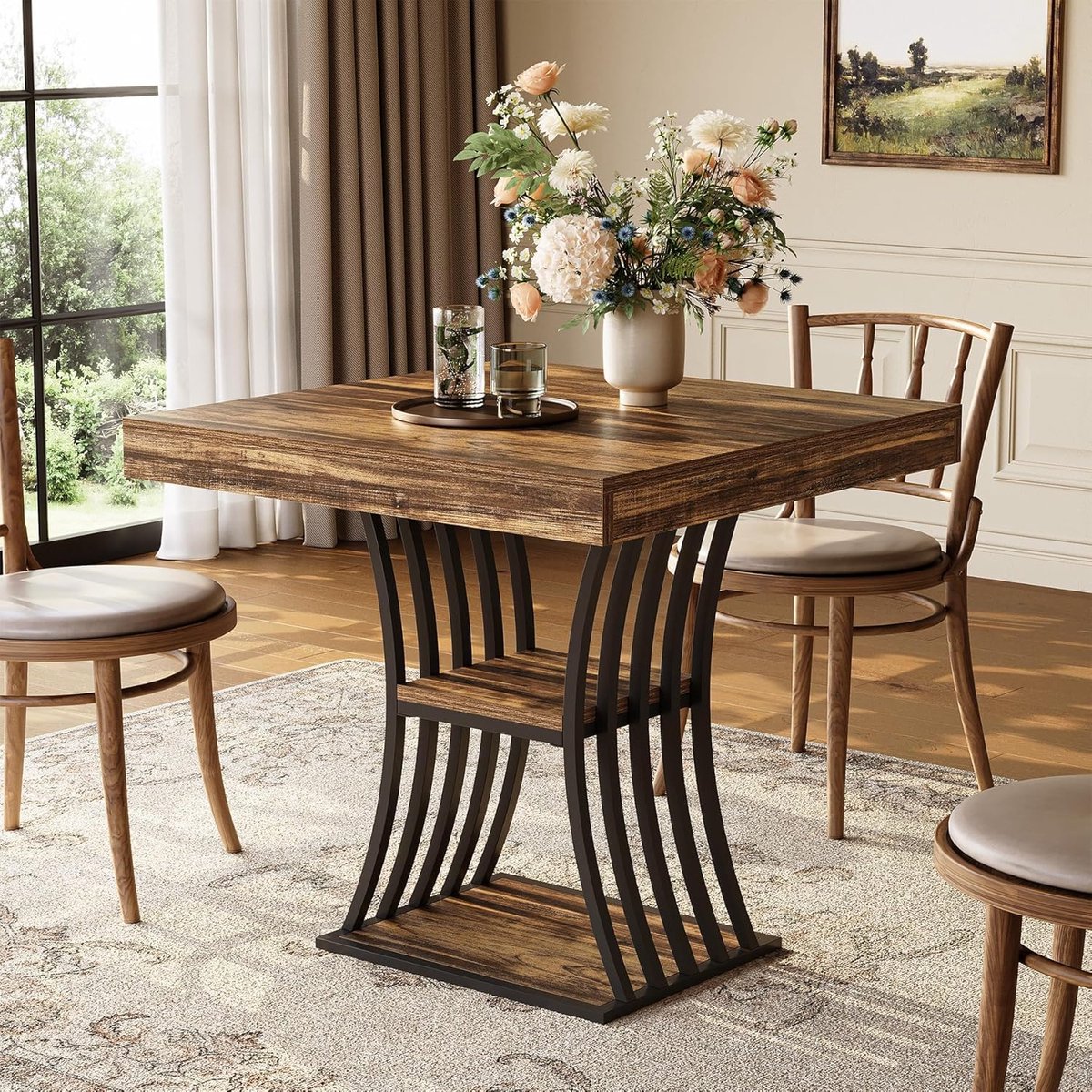 Tribesigns Eettafel voor 4 personen - Eettafel met 2 opbergvakken - Keukentafel - Industrieel - Rustiek Bruin - 80 x 80 x 76 cm