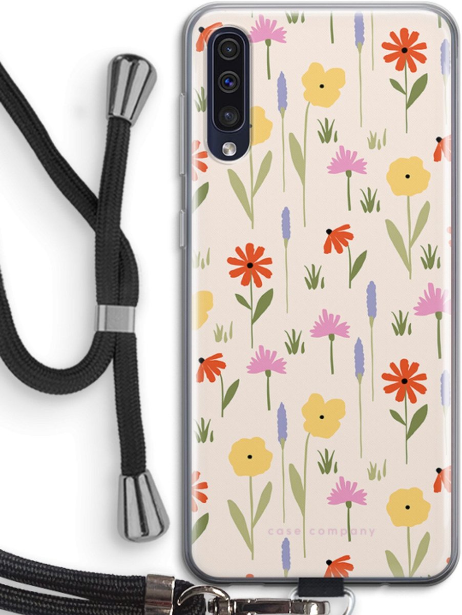 Case Company® - Hoesje met koord geschikt voor Samsung Galaxy A50 hoesje met Koord - Floral - Telefoonhoesje met Zwart Koord - Bescherming aan alle Kanten en Over de Schermrand