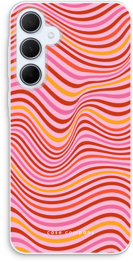 Roze telefoonhoesje met golvend patroon van rode, oranje en roze lijnen.