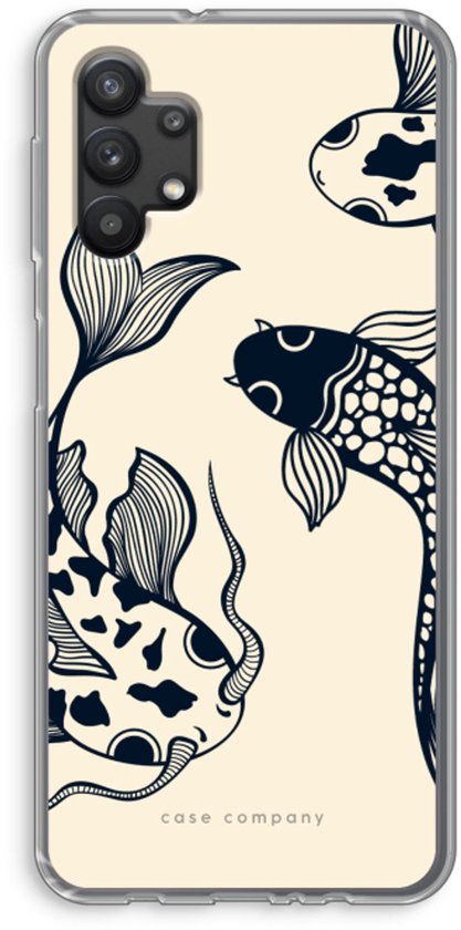 Transparant hoesje voor Samsung Galaxy A32 5G met een zwarte koi vis print op een crèmekleurige achtergrond.