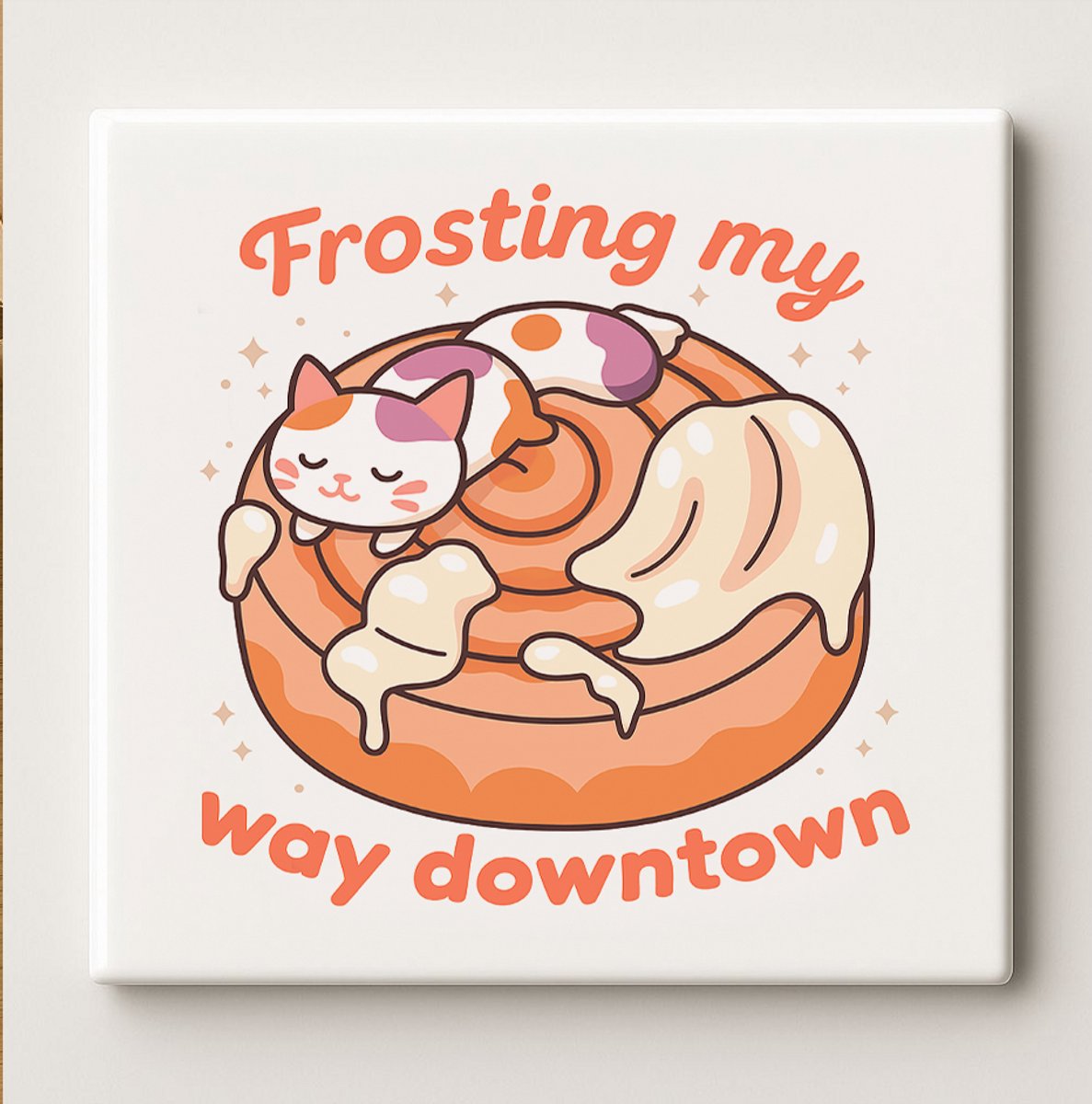 Frosting My Way Downtown Keramische Tegel – 15x15cm Schattige Kat & Donut Wanddecoratie Cadeau voor Zoetekauwen & Kattenliefhebbers