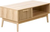 Houten salontafel met één geribbelde ladefront en een open vak, op schuine poten.