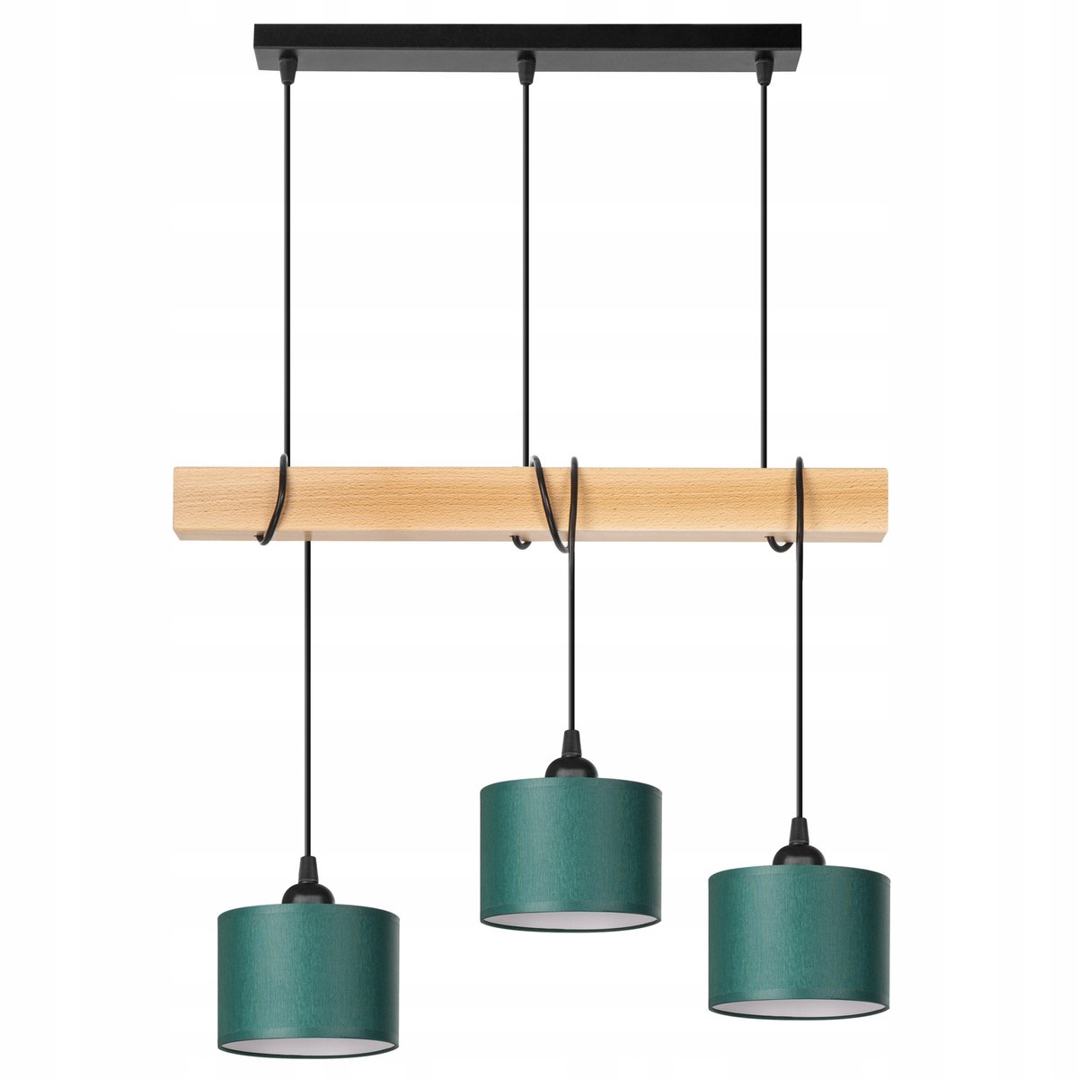 Houten hanglamp beuken met 3 groene lampenkappen