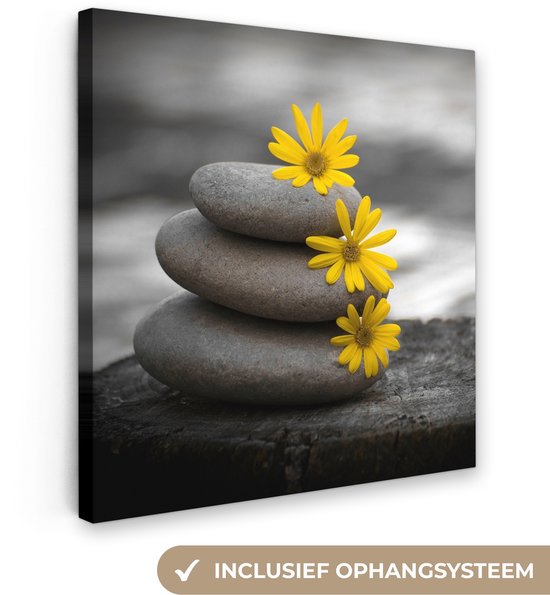 Canvas schilderij 20x20 cm - Wanddecoratie badkamer Zen stenen - Bloemen - Geel - Natuur - Muurdecoratie WC - Decoratieve accessoires - Toilet muur decoratie - Schilderijen op canvas