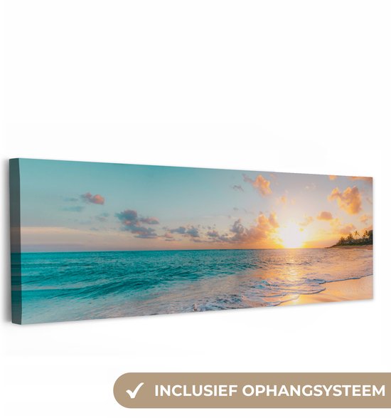 Tableau sur toile 150x50 cm - Décoration murale Coucher de soleil - Plage - Mer - Été - Blauw - Décoration murale murale salon - Décoration chambre - Accessoires de décoration - Peintures sur toile