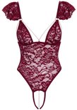Bordeauxrode kanten body met kanten bloemenpatroon, ruches aan de schouders en pareldetails over de decolleté en tussen de benen.
