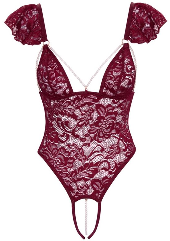 Bordeauxrode kanten body met kanten bloemenpatroon, ruches aan de schouders en pareldetails over de decolleté en tussen de benen.