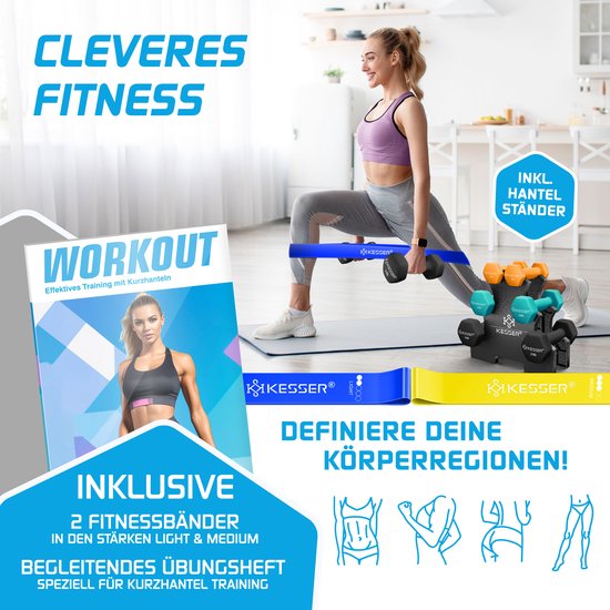 Vrouw met turquoise halters en een gele fitnessband. Inclusief halterrek, workout boekje en fitnessbanden.