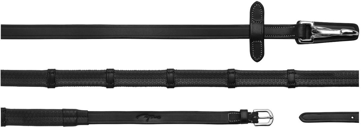 Dy'on - Rubberen teugels 5/8 met leren lussen en musketon zwart cob Working collectie