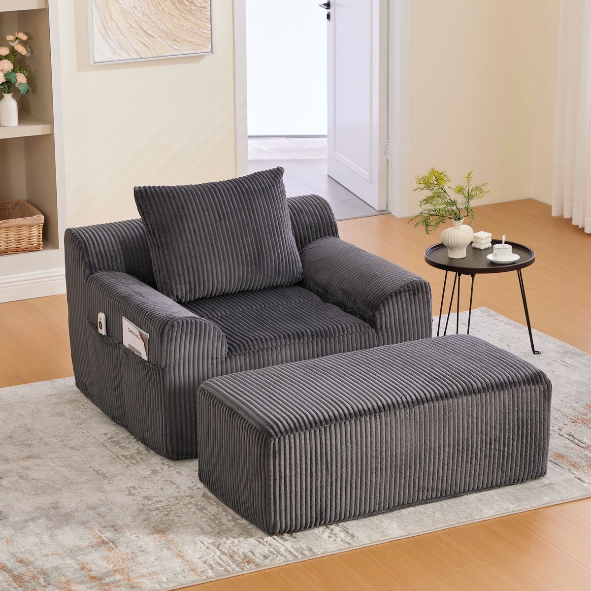 PHOEBE CAT Fauteuil - Met hocker - Enkele bank - Kussen - Corduroy - Geen montage nodig - Grijs