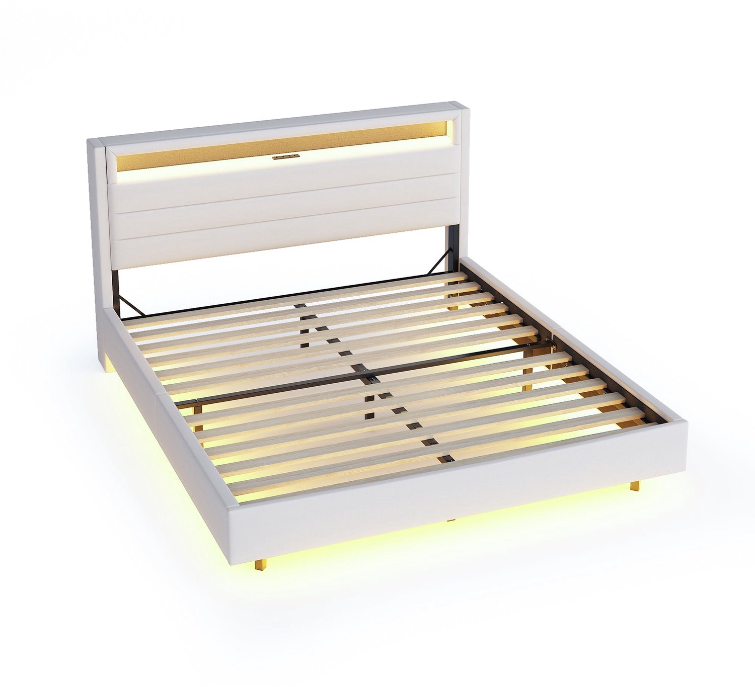 Merax Gestoffeerd Tweepersoonsbed 160x200 cm met USB-aansluiting en LED-verlichting – Bed met Handig Hoofdbord – Linnen Beige