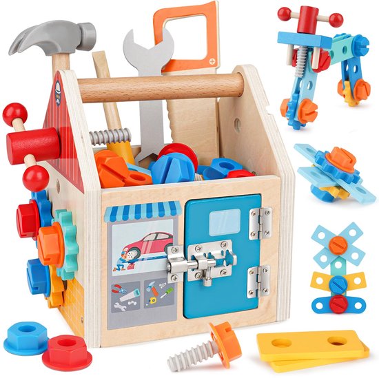 Montessori Speelgoed vanaf 2 jaar, gereedschapskoffer voor kinderen, speelgoed met schort, 42 stuks gereedschap, hout, motoriek, leerspellen, voor jongens en meisjes van 2 tot 4 jaar