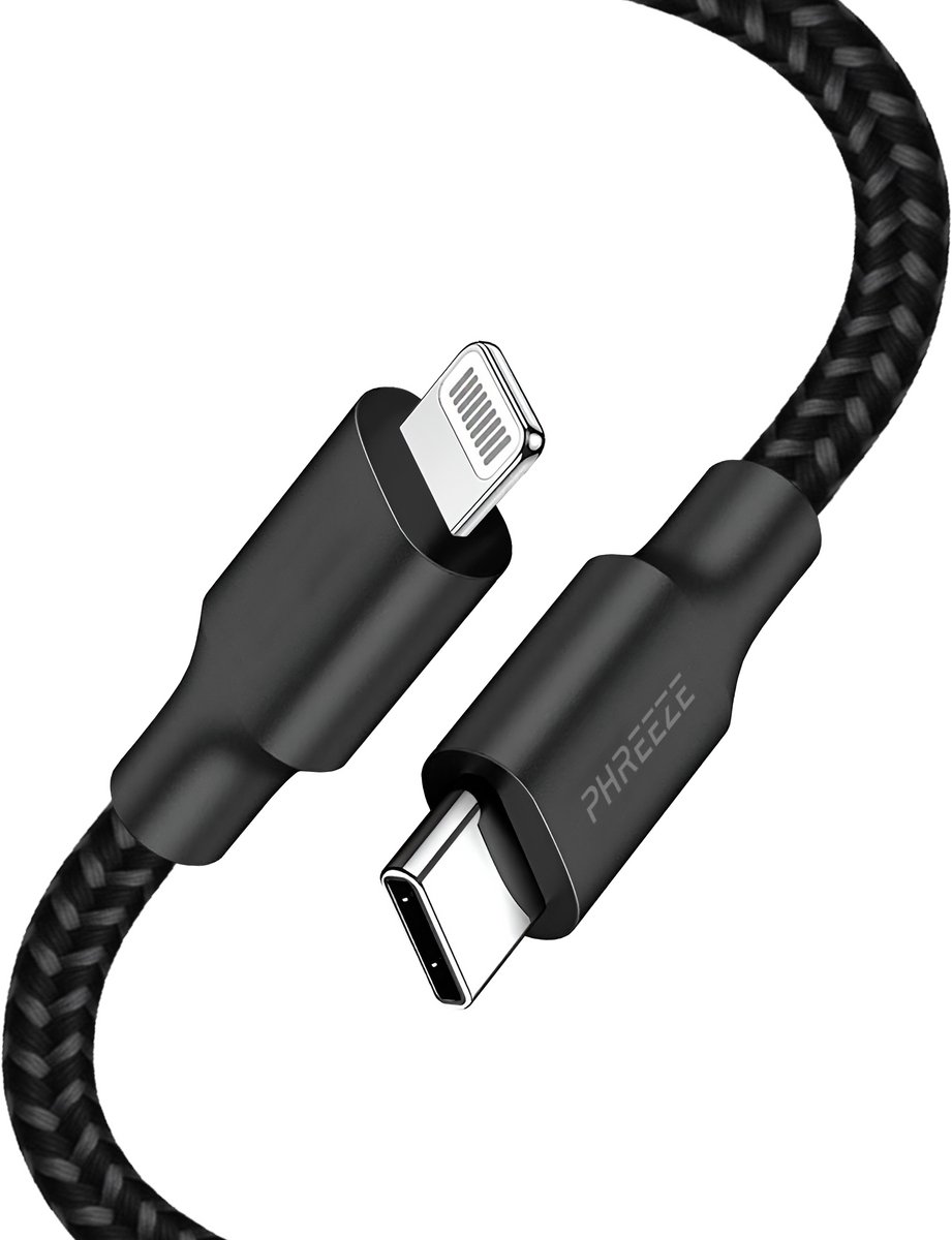 Oplaadkabel geschikt voor usb C naar Lightning - 1 meter - Stevig nylon - Zwart - Phreeze